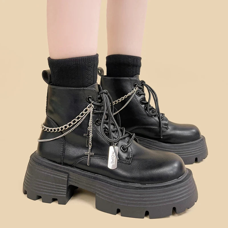 Grunge Combat Boots with Cross Chain - Retro Y2K and 90s Fashion Style