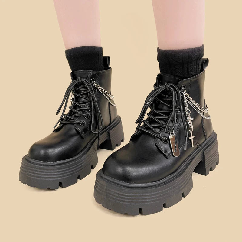 Grunge Combat Boots with Cross Chain - Retro Y2K and 90s Fashion Style