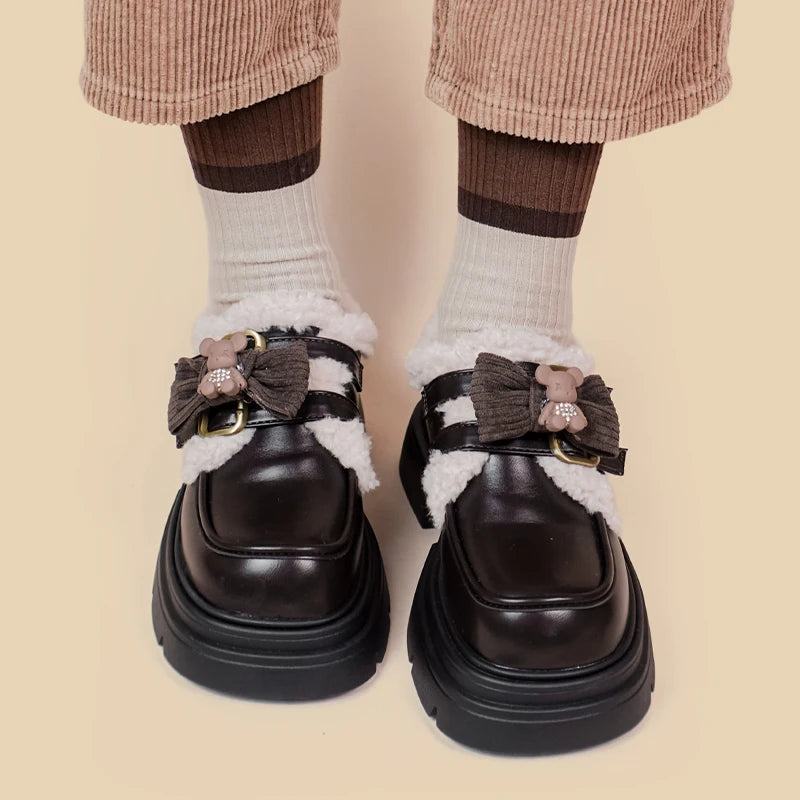 Kawaii Teddy Bear Platform Oxford Shoes - Retro Y2K Fashion, 90s Grunge Style