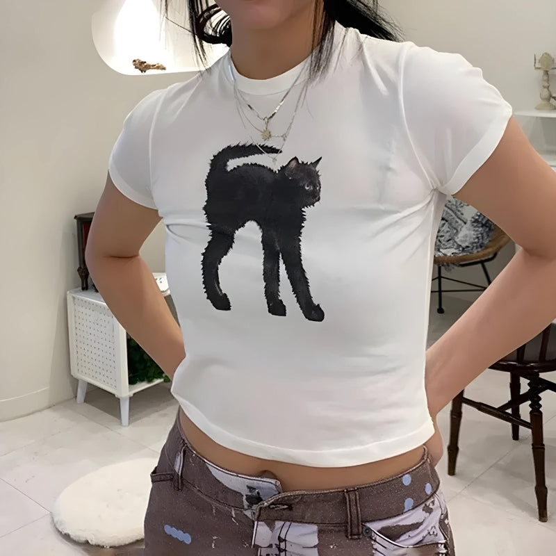 Retro Black Cat Crop Tee - Perfect Y2K and 90s Fashion Statement