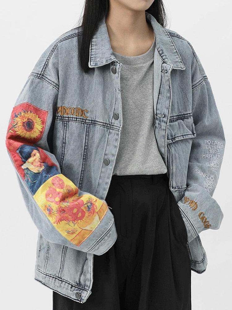 Vincent Van Gogh Retro Style Y2K Denim Jacket - Perfect for 90s and Grunge Outfits