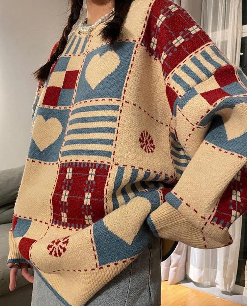 Vintage Heart Pattern Sweater - Retro Y2K Fashion, 90s Grunge Style