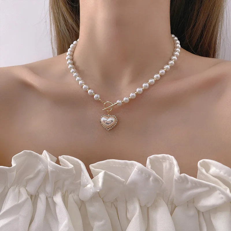 Y2K Coquette Heart Pearl Necklace - Retro Style Jewelry for 90s Fashion & Grunge Outfits