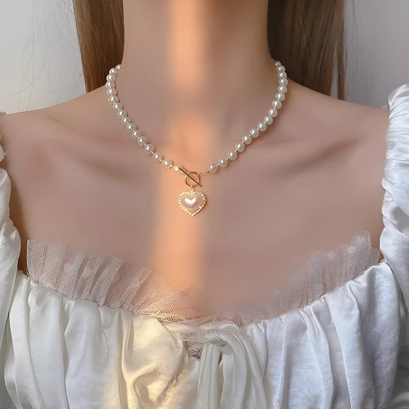 Y2K Coquette Heart Pearl Necklace - Retro Style Jewelry for 90s Fashion & Grunge Outfits