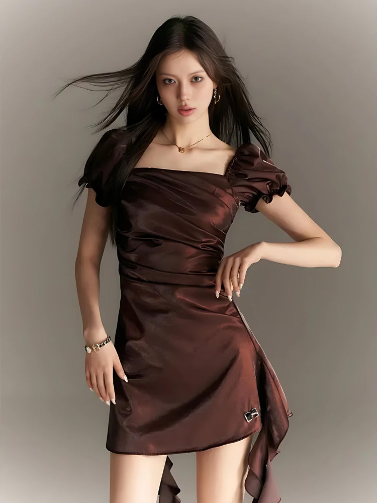 Y2K Fashion Balloon Sleeve Ruched Mini Dress - Retro Style Douyin Dress