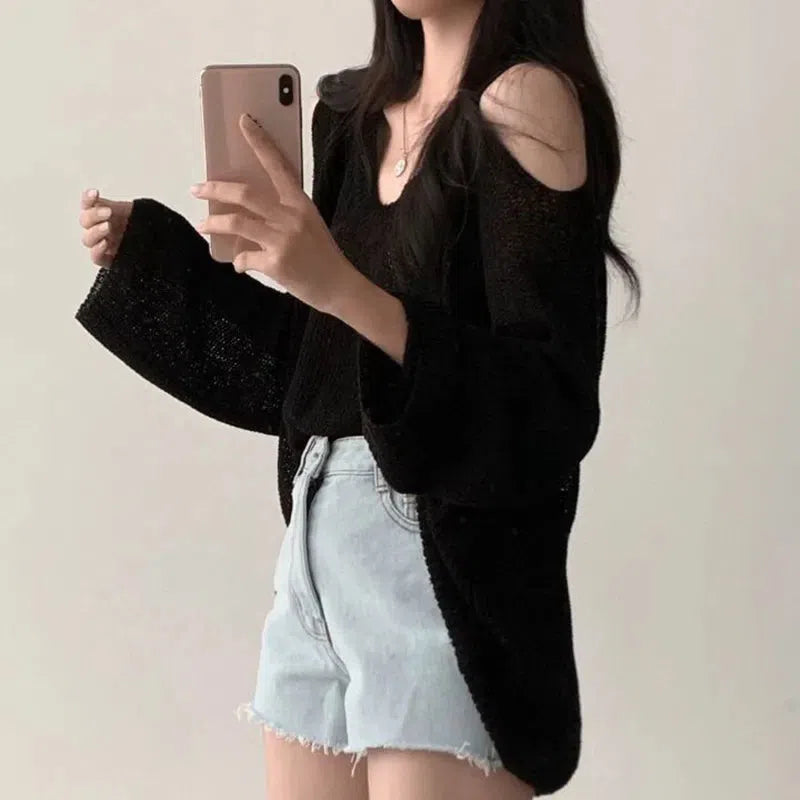 Y2K Fashion Cut-Out Shoulder Loose Knit Sweater - Retro Style Grunge Outfit