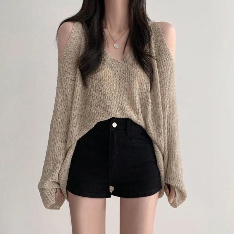 Y2K Fashion Cut-Out Shoulder Loose Knit Sweater - Retro Style Grunge Outfit