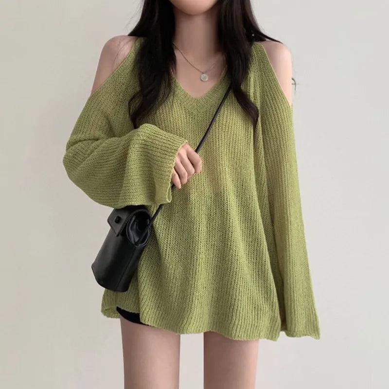 Y2K Fashion Cut-Out Shoulder Loose Knit Sweater - Retro Style Grunge Outfit