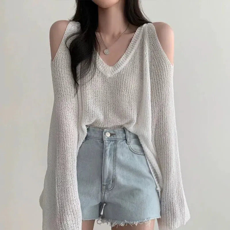 Y2K Fashion Cut-Out Shoulder Loose Knit Sweater - Retro Style Grunge Outfit