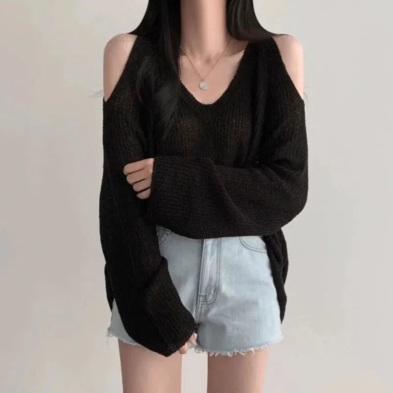 Y2K Fashion Cut-Out Shoulder Loose Knit Sweater - Retro Style Grunge Outfit