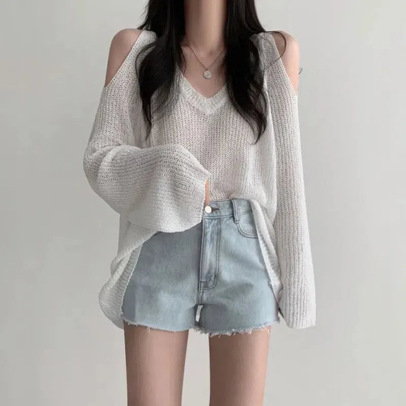 Y2K Fashion Cut-Out Shoulder Loose Knit Sweater - Retro Style Grunge Outfit