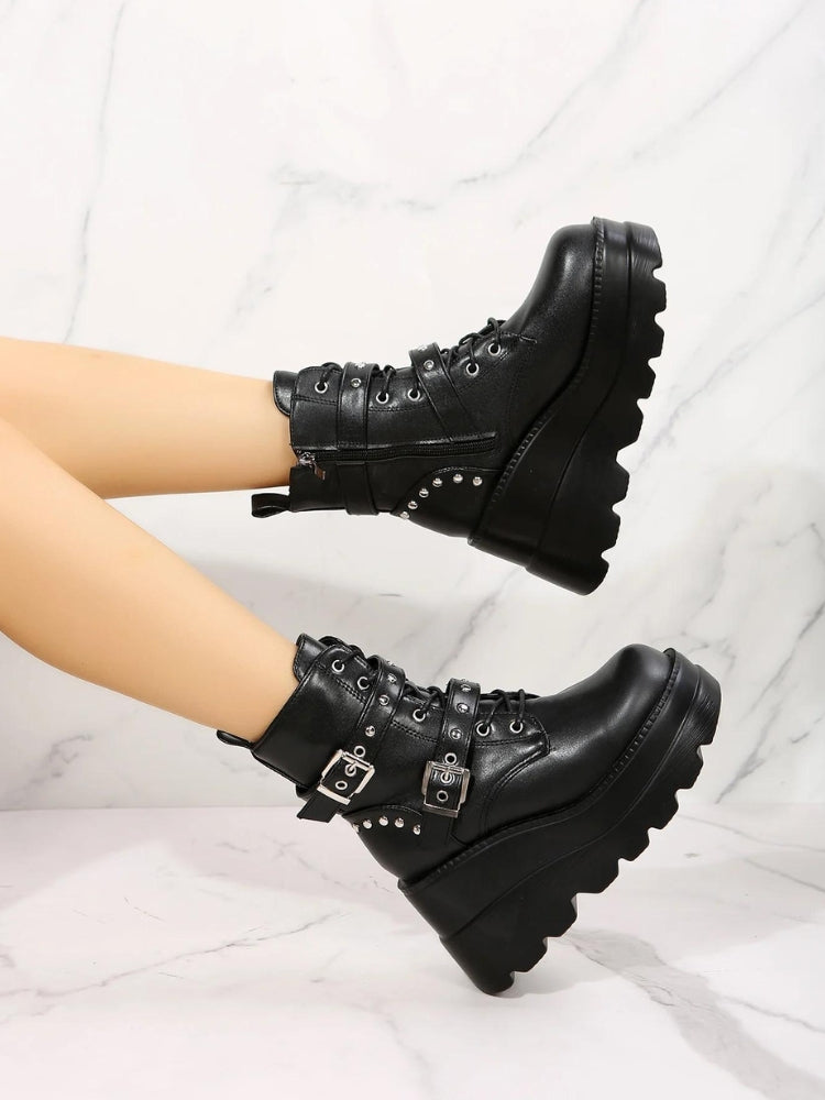 Y2K Grunge Belted Platform Boots - Retro 90s Style Y2K Shoes