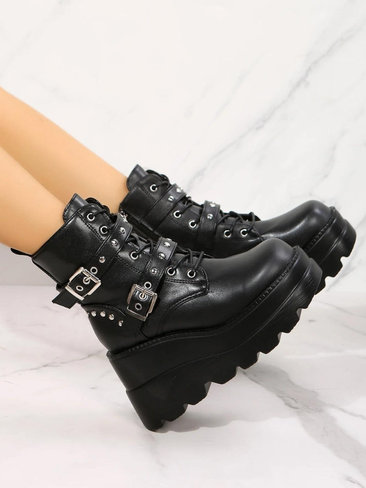 Y2K Grunge Belted Platform Boots - Retro 90s Style Y2K Shoes