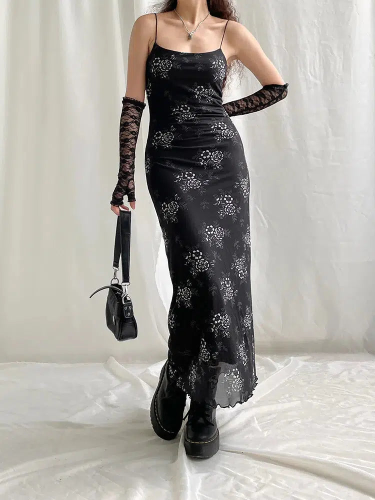 Y2K Grunge Floral Mesh Midi Dress - Retro 90s Style Summer Outfit