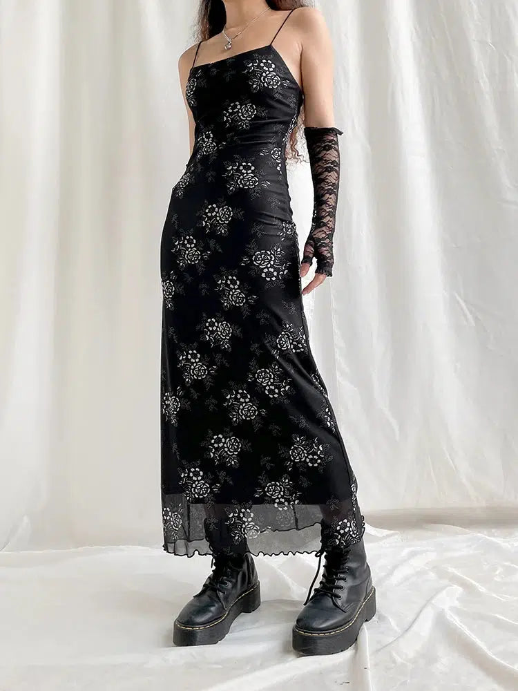 Y2K Grunge Floral Mesh Midi Dress - Retro 90s Style Summer Outfit