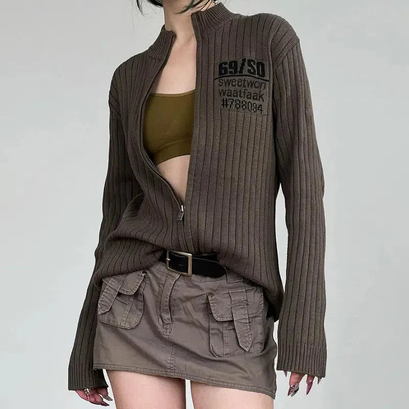 Y2K Grunge Zip-Up Cardigan Jacket - Retro 90s Fashion Style