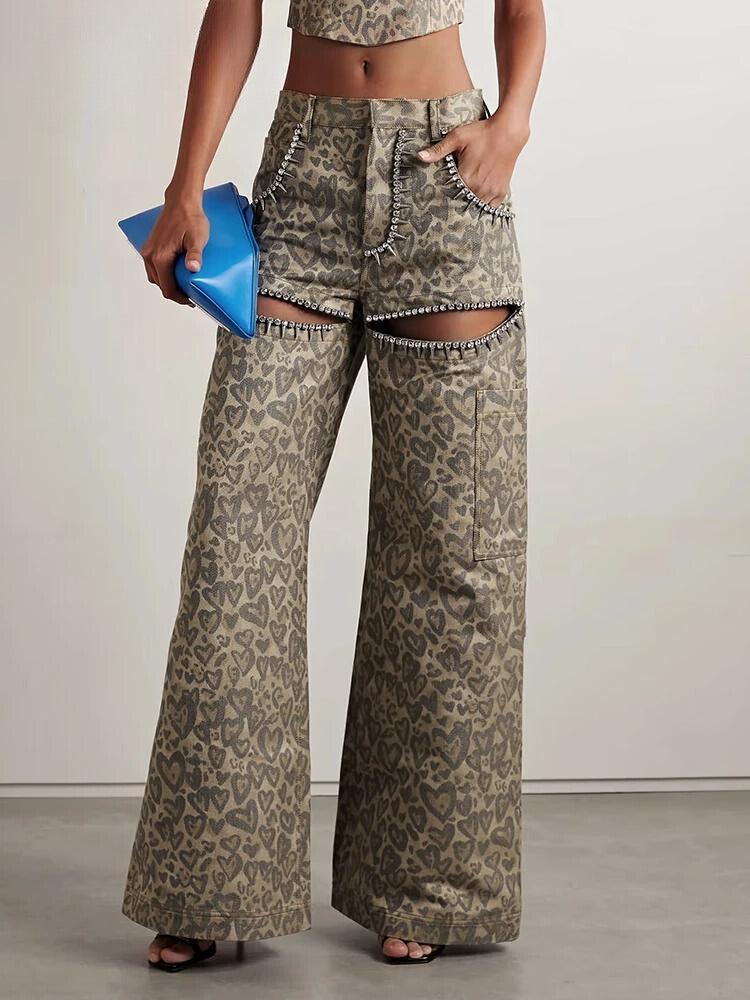 Y2K Leopard Embellished Cut Out Pants - Retro Grunge Style Y2K Outfits