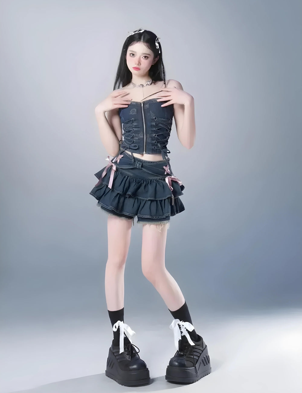 Y2K Low Rise Denim Mini Skort - Retro 90s Fashion Coquette Style