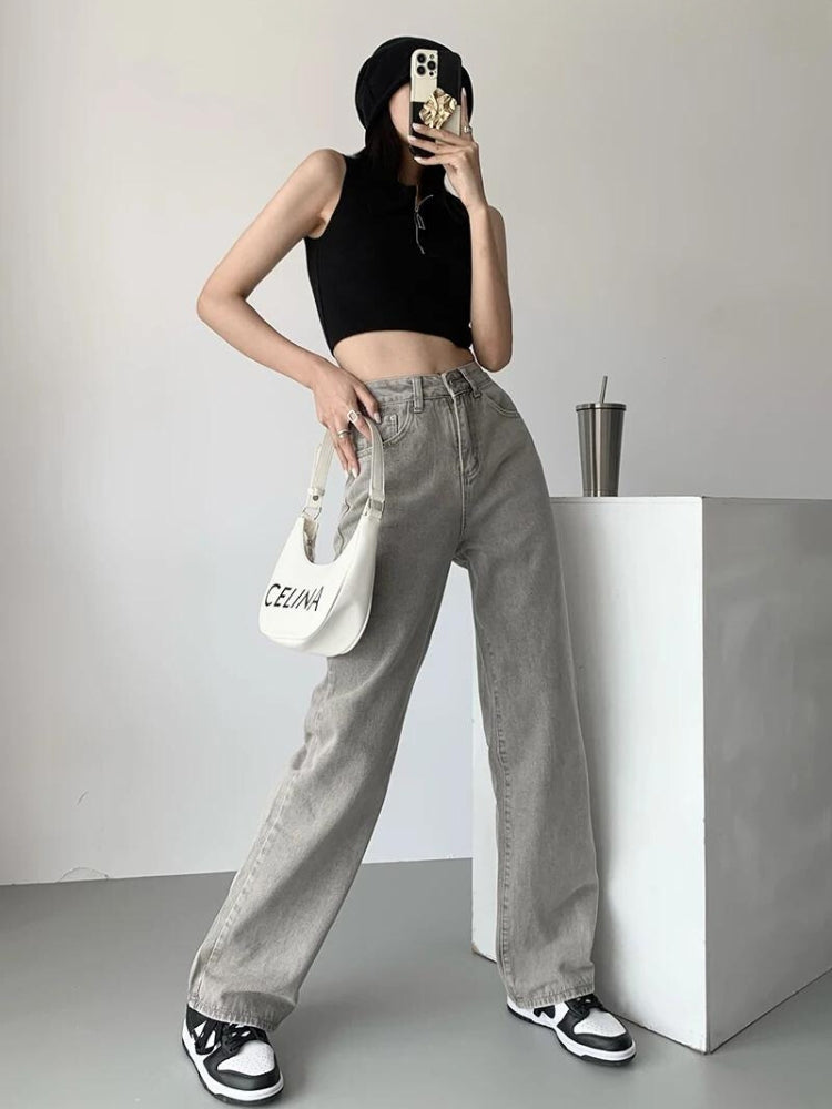 Y2K Retro Acubi Straight Leg Gray Jeans - Perfect for 90s and Grunge Outfits