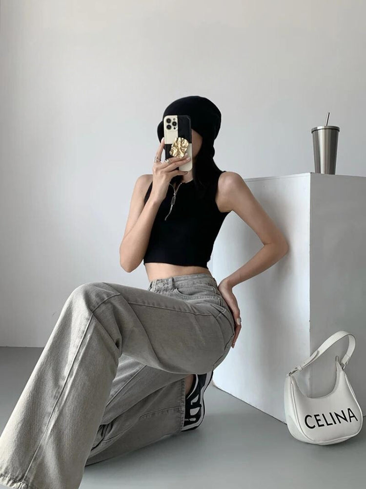 Y2K Retro Acubi Straight Leg Gray Jeans - Perfect for 90s and Grunge Outfits