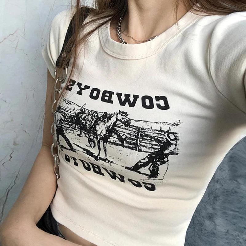 Y2K Retro Cowboys Crop Tee - Perfect for 90s and Grunge Outfits