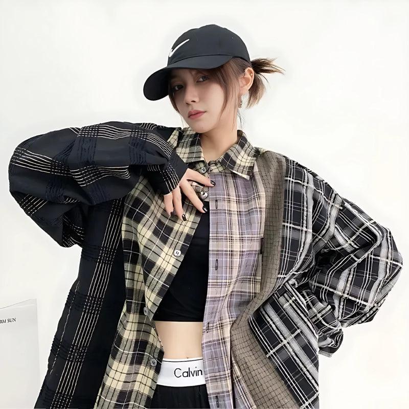 Y2K Retro Multi Pattern Plaid Shirt - Perfect for 90s and Grunge Outfits