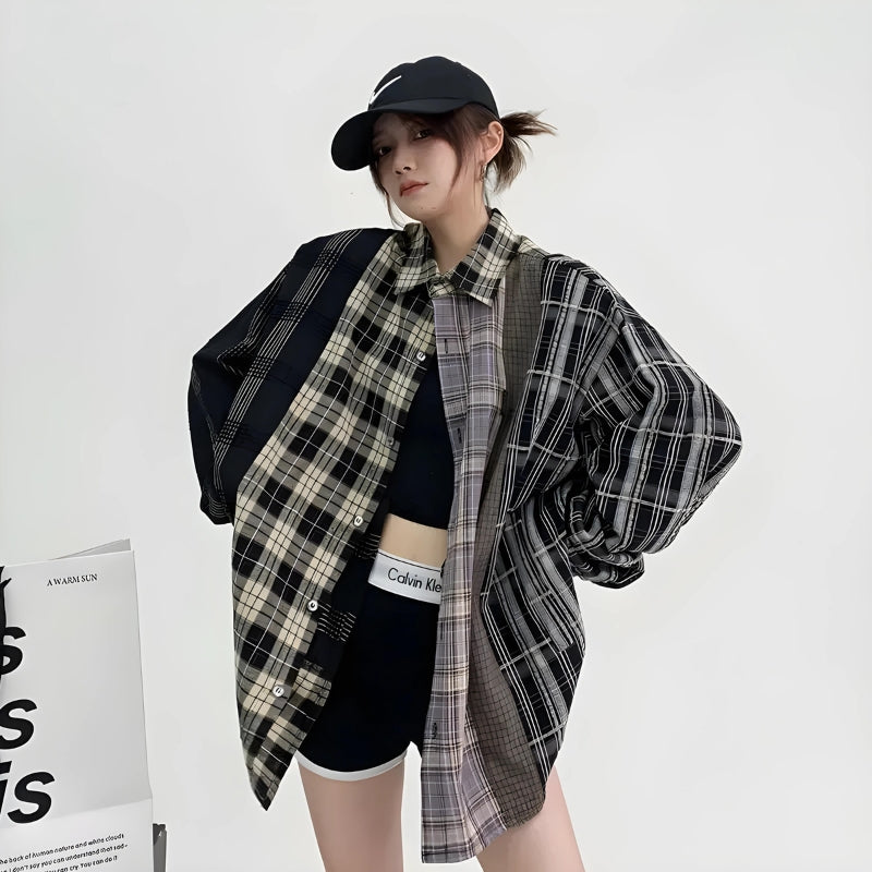 Y2K Retro Multi Pattern Plaid Shirt - Perfect for 90s and Grunge Outfits
