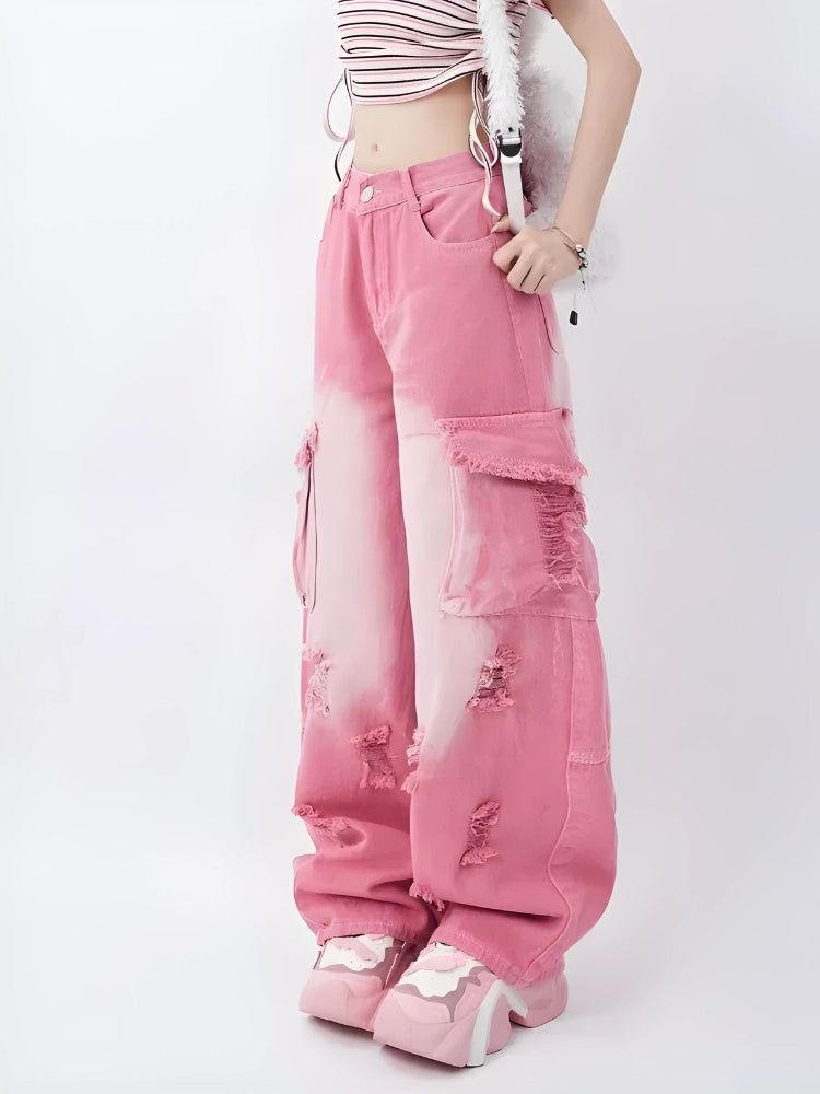 Y2K Retro Soft Girl Distressed Cargo Jeans - Perfect for 90s and Grunge Outfits