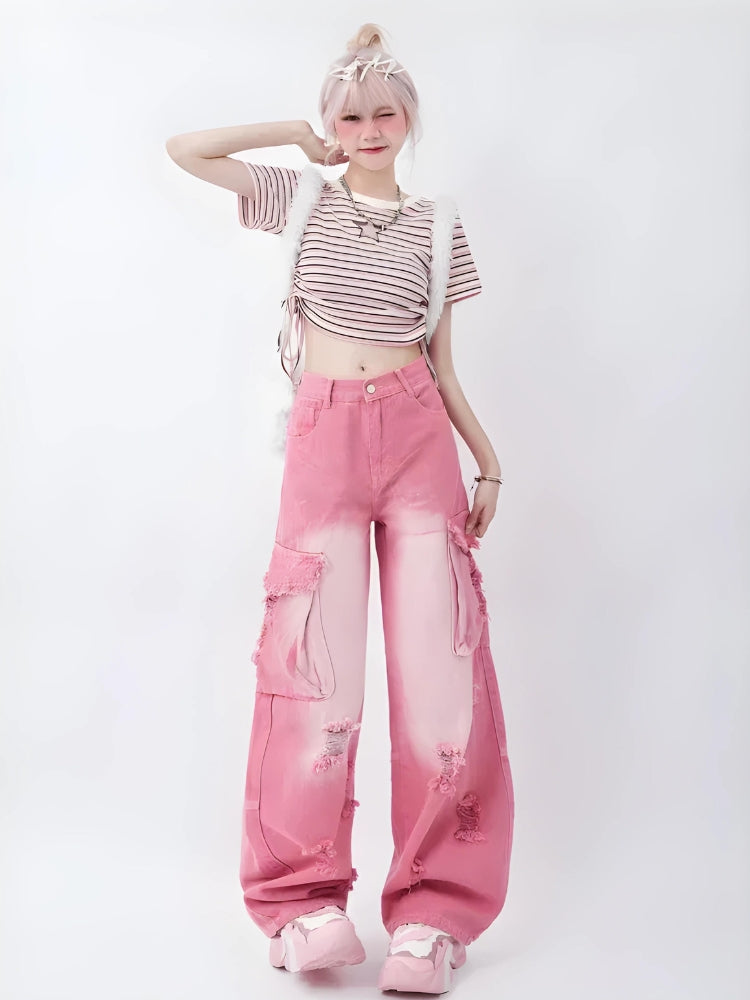 Y2K Retro Soft Girl Distressed Cargo Jeans - Perfect for 90s and Grunge Outfits