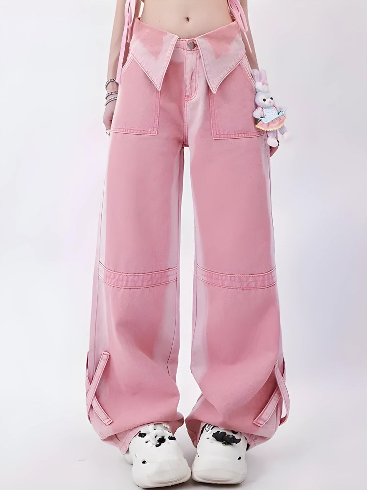 Y2K Retro Soft Girl Folded Waist Jeans - Perfect for 90s and Y2K Outfits