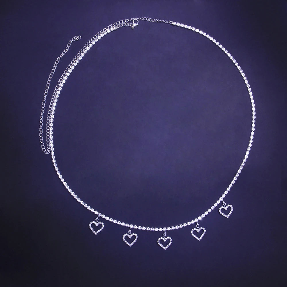 Y2K Rhinestone Belly Chain with Heart Pendant - Perfect for Retro and 90s Fashion Outfits