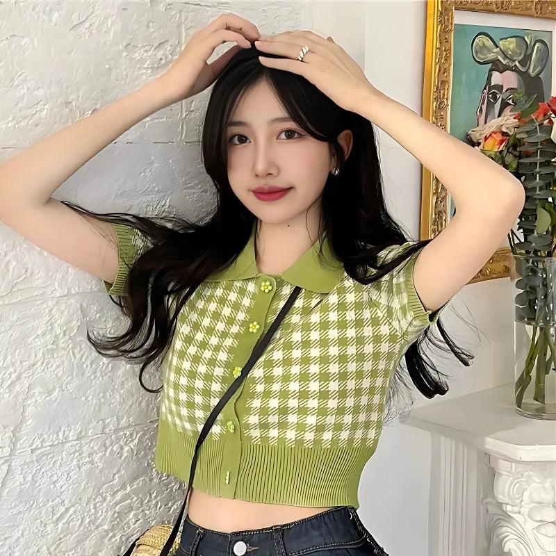 Y2K Soft Girl Plaid Crop Cardigan - Retro 90s Fashion Grunge Outfit