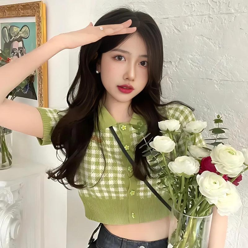 Y2K Soft Girl Plaid Crop Cardigan - Retro 90s Fashion Grunge Outfit