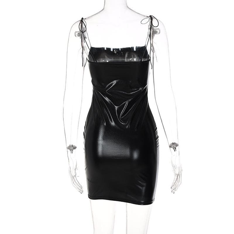 Backless Mini Dress in Solid PU Leather with Self Tie - Y2K Grunge & Coquette Aesthetic