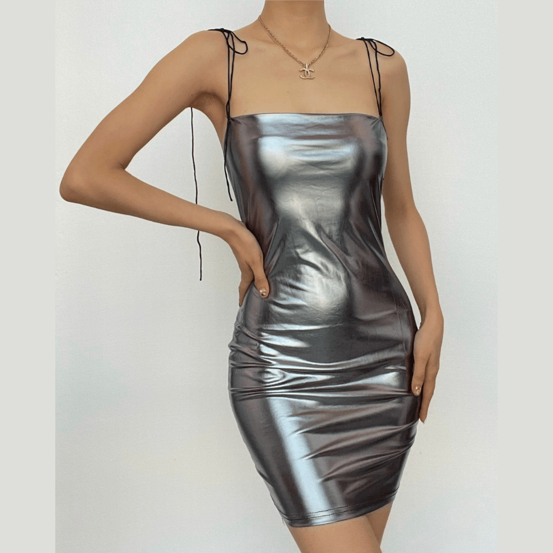 Backless Mini Dress in Solid PU Leather with Self Tie - Y2K Grunge & Coquette Aesthetic