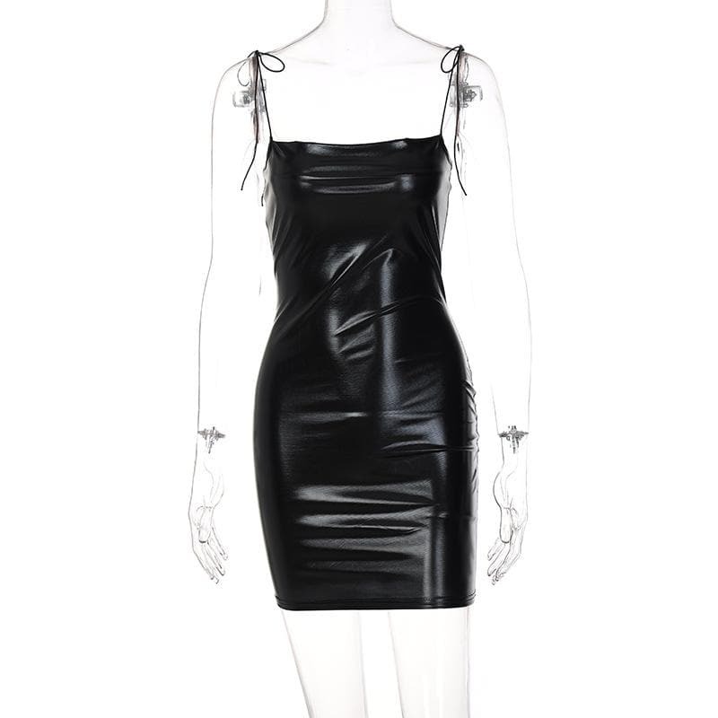 Backless Mini Dress in Solid PU Leather with Self Tie - Y2K Grunge & Coquette Aesthetic