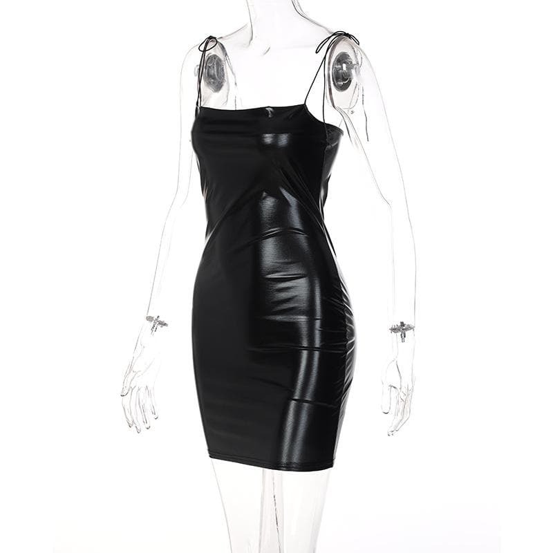 Backless Mini Dress in Solid PU Leather with Self Tie - Y2K Grunge & Coquette Aesthetic