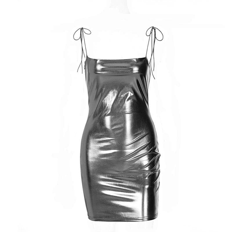 Backless Mini Dress in Solid PU Leather with Self Tie - Y2K Grunge & Coquette Aesthetic