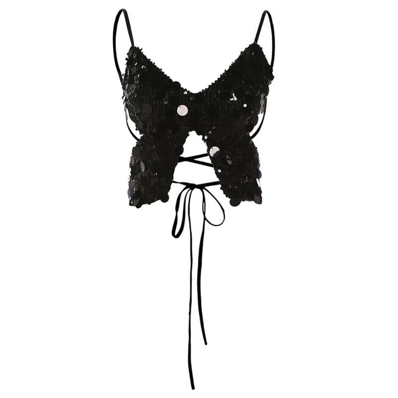 Butterfly Glitter Lace-Up Cami Top - Y2K Aesthetic Cute Crop for Coquette & Grunge Styles