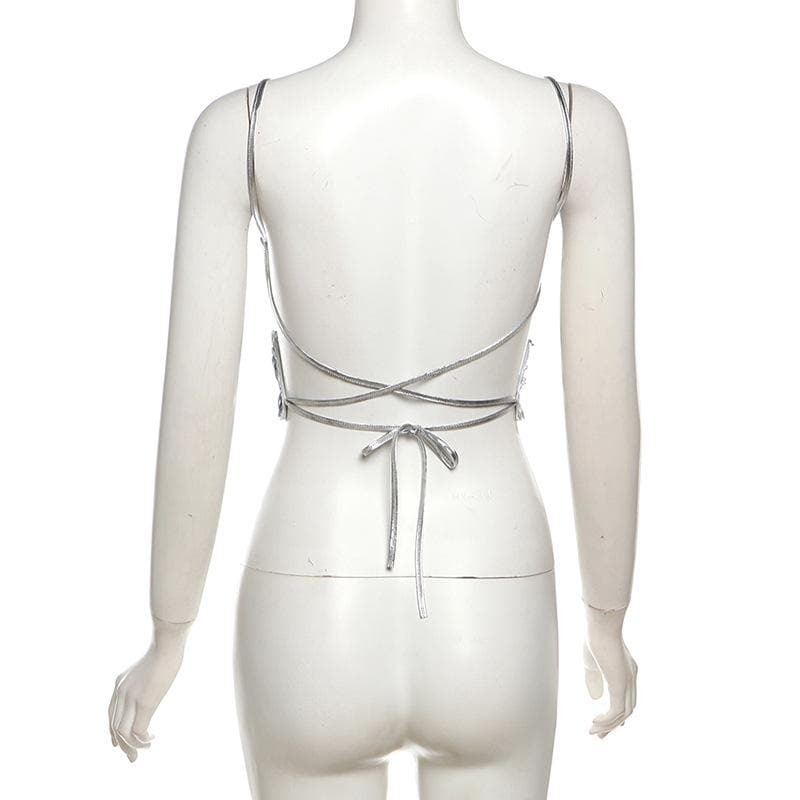 Butterfly Glitter Lace-Up Cami Top - Y2K Aesthetic Cute Crop for Coquette & Grunge Styles