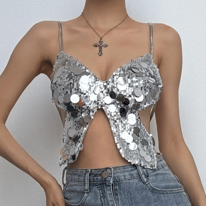 Butterfly Glitter Lace-Up Cami Top - Y2K Aesthetic Cute Crop for Coquette & Grunge Styles