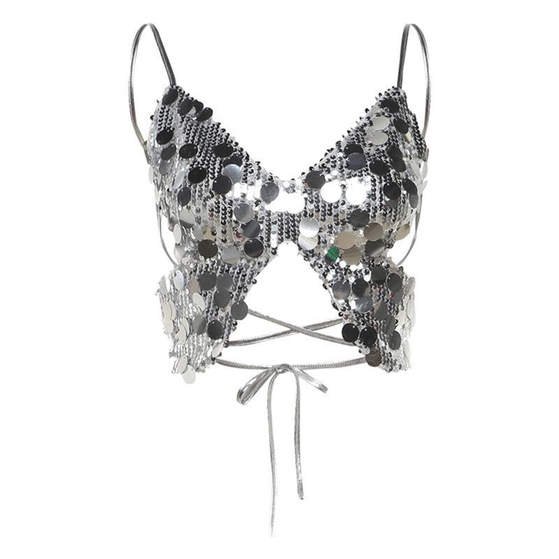 Butterfly Glitter Lace-Up Cami Top - Y2K Aesthetic Cute Crop for Coquette & Grunge Styles