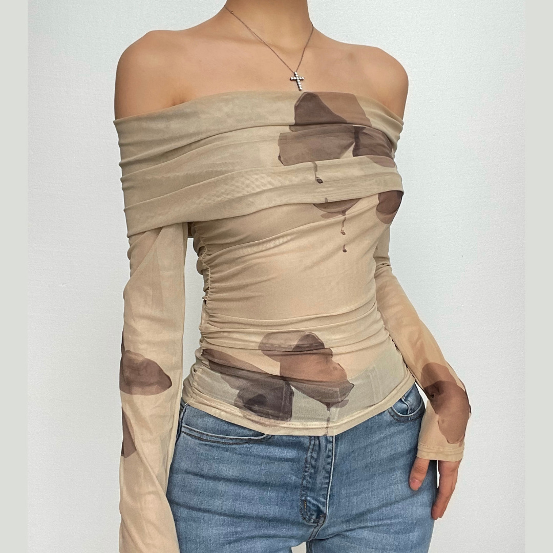 Butterfly Print Off-Shoulder Long Sleeve Crop Top - Y2K Coquette Aesthetic Fashion