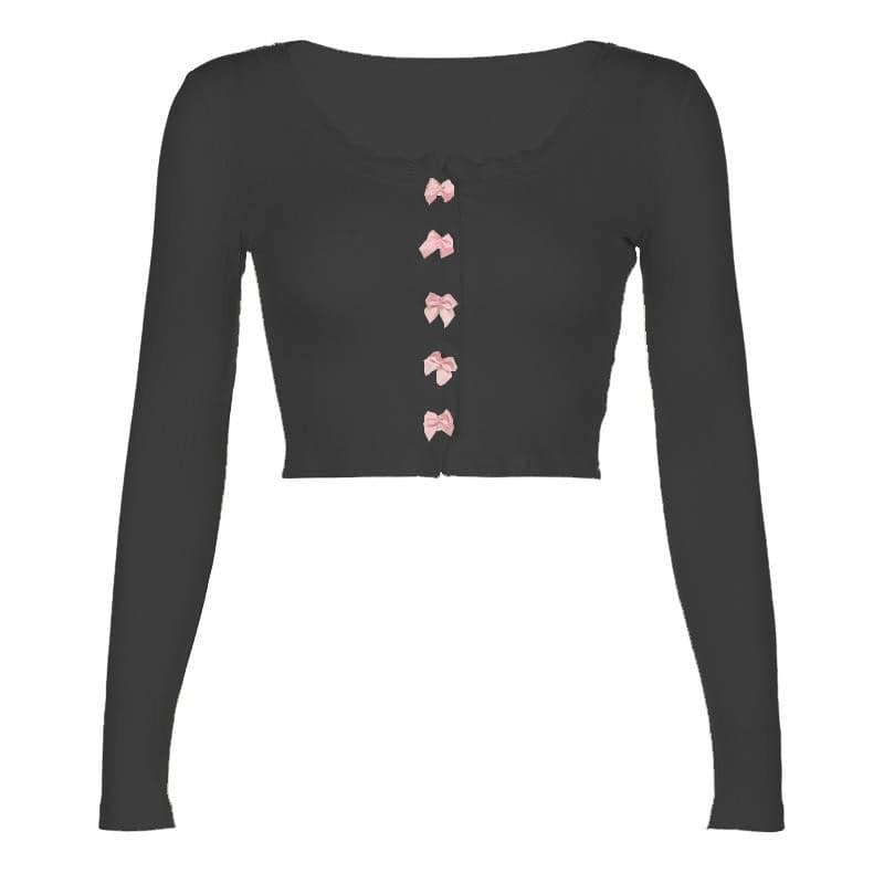 Chic Bowknot Textured Long Sleeve Lace Hem Crop Top - Y2K Coquette Aesthetic Style