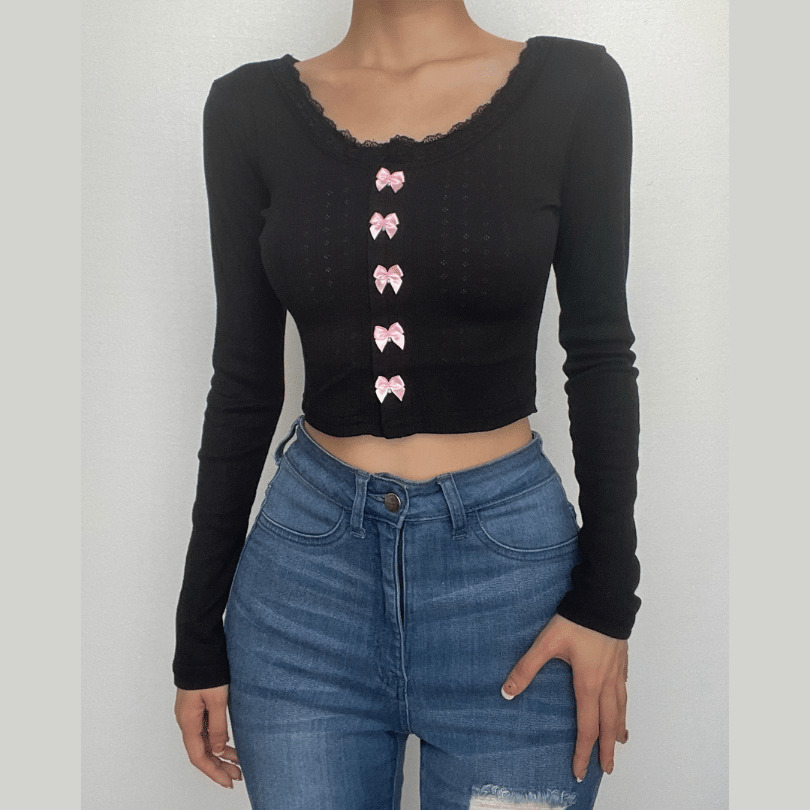 Chic Bowknot Textured Long Sleeve Lace Hem Crop Top - Y2K Coquette Aesthetic Style