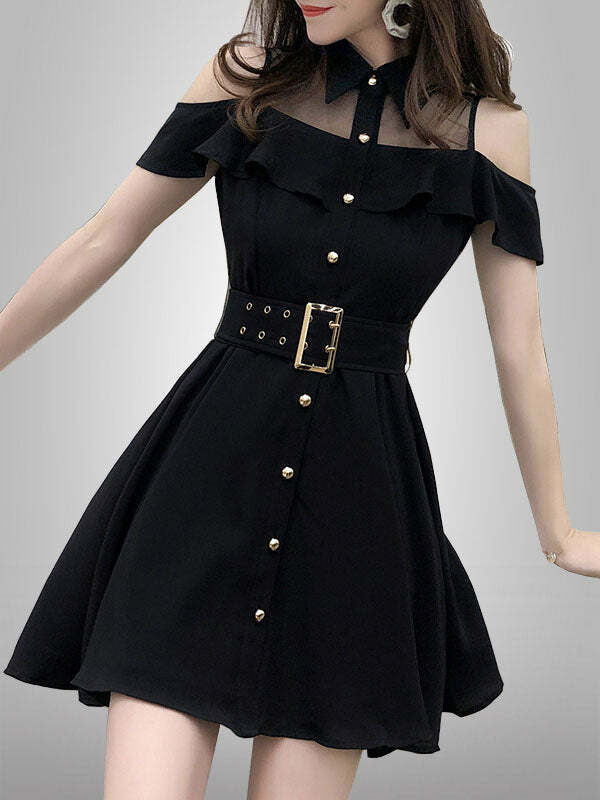 Chic Cold Shoulder Belted Black Dress - Y2K Aesthetic, Grunge Style, and Coquette Vibes
