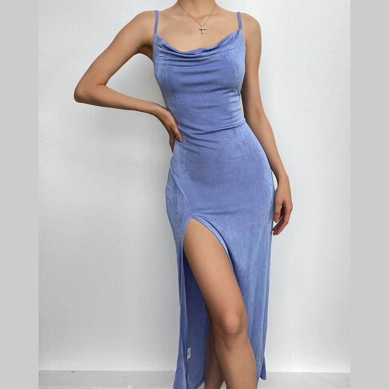 Chic Cowl Neck Backless Midi Dress - Irregular Hem for Y2K, Coquette, and Grunge Aesthetics