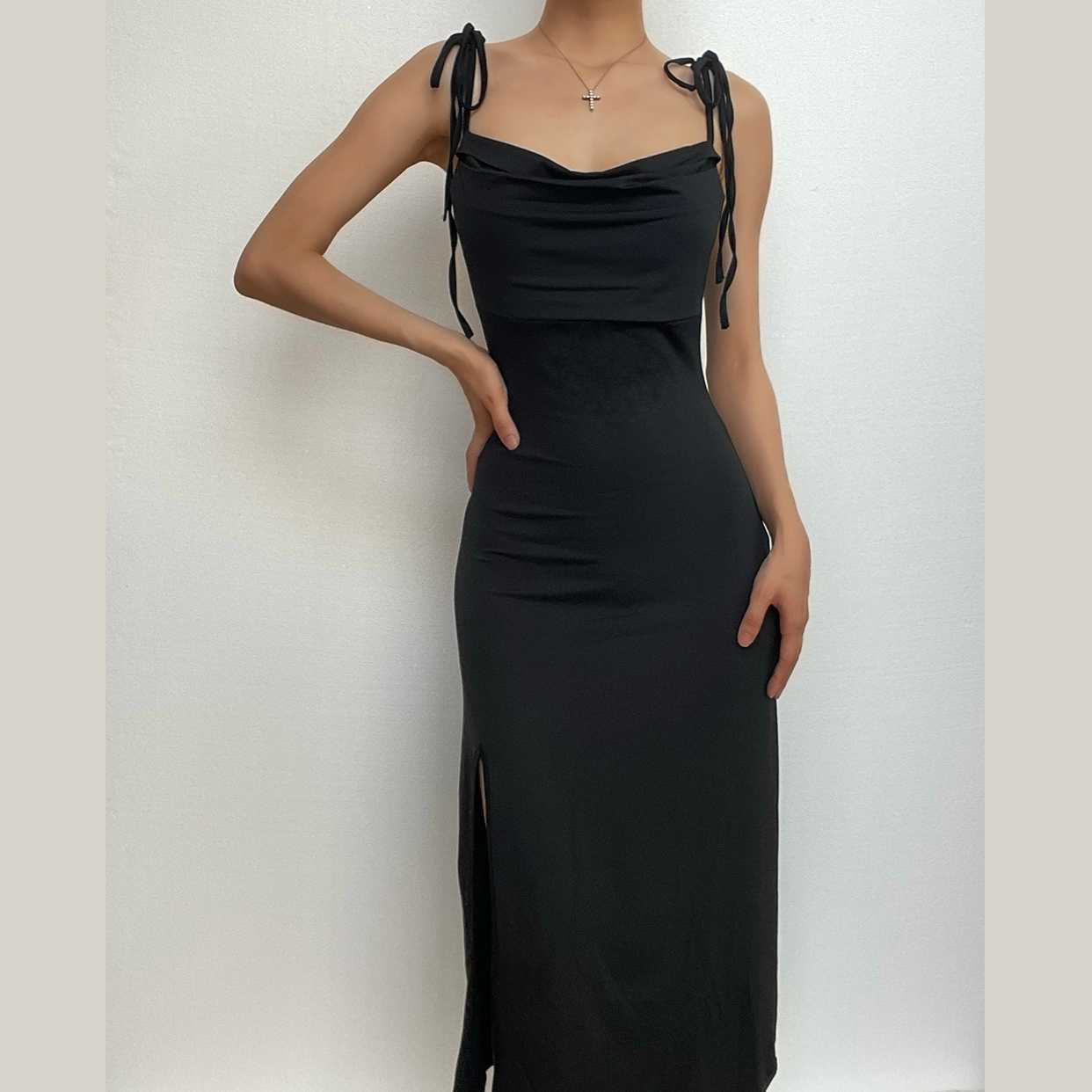 Chic Cowl Neck Backless Midi Dress with Self-Tie Ruched Detail - Y2K & Coquette Aesthetic