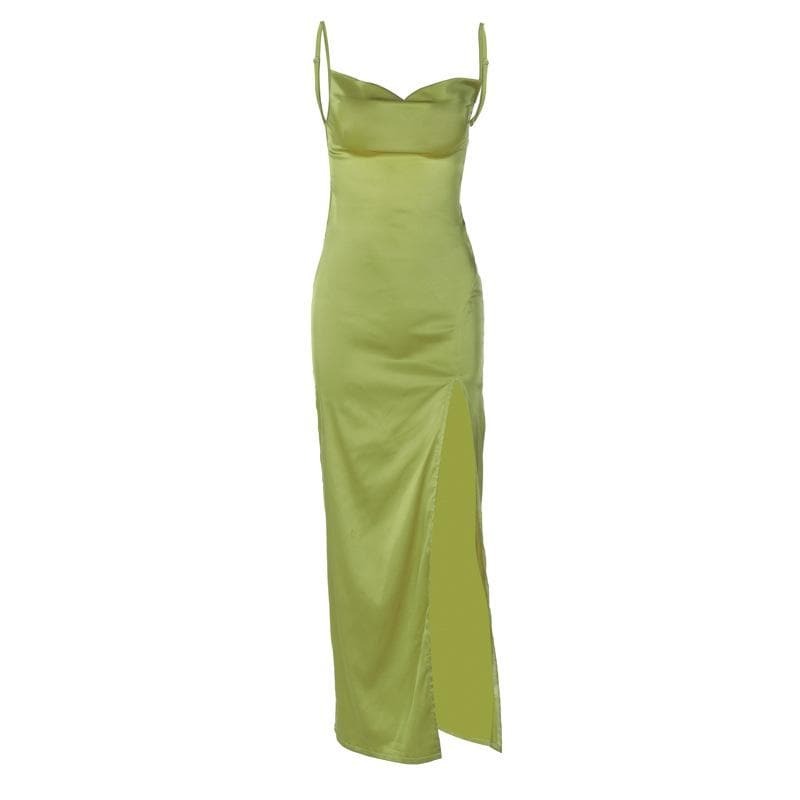 Chic Cowl Neck Backless Satin Maxi Dress - Y2K Aesthetic with Slit Detail for Effortless Style