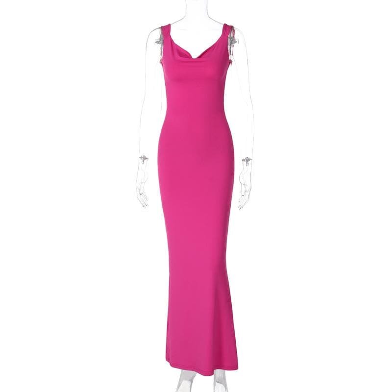 Chic Cowl Neck Bowknot Backless Maxi Dress - Y2K Aesthetic, Coquette Style, and Grunge Vibes